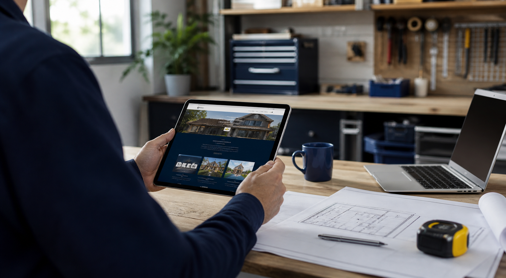 Business owner reviewing a professional website on a tablet