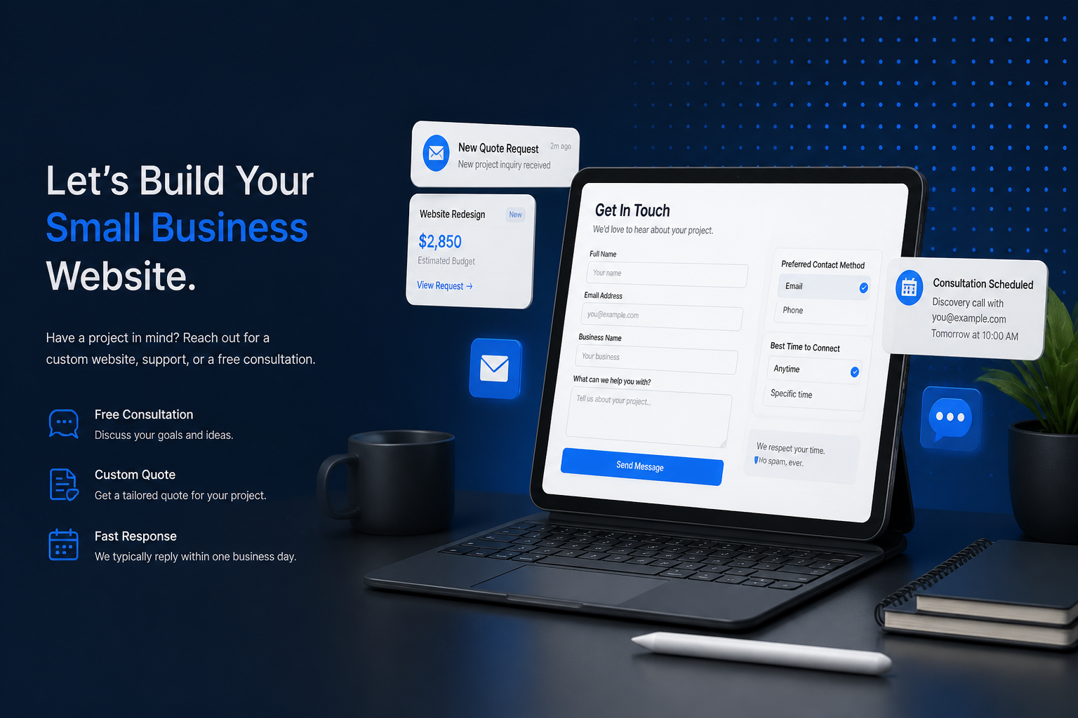 Launchstead contact form and quote request consultation visual
