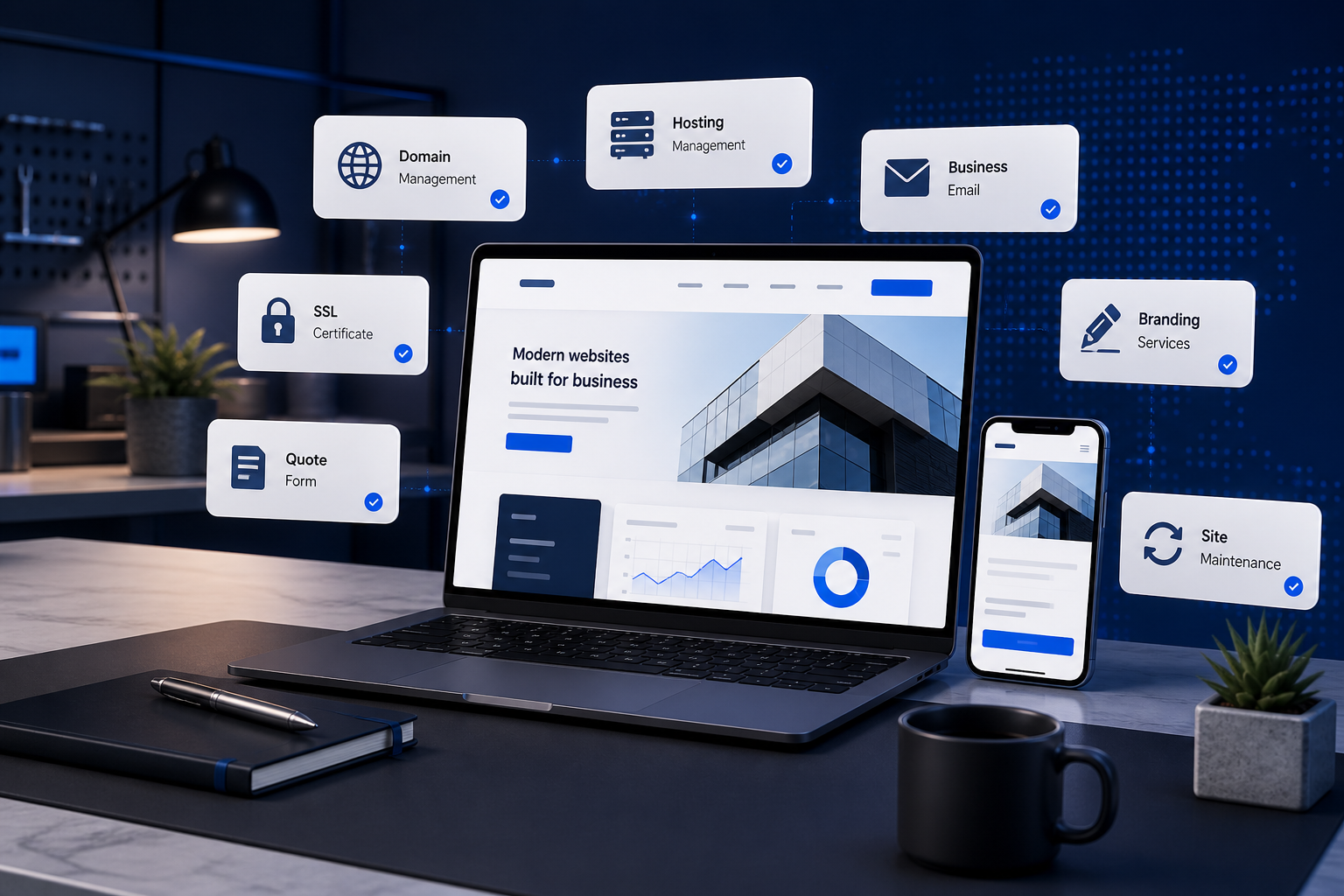 Website, hosting, domain, email, SSL, branding, and quote form systems